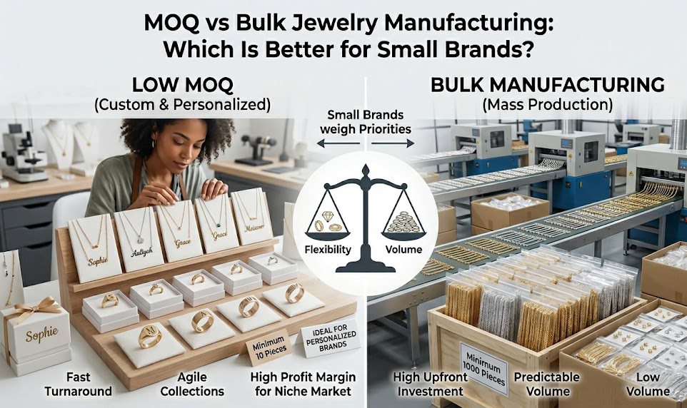A comparison graphic showing Low MOQ personalized jewelry versus high-volume bulk manufacturing, featuring custom name necklaces and a jewelry workshop setting.