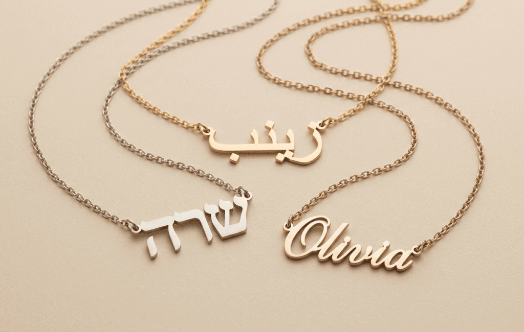 custom nameplate necklace in stainless steel, the custom stainless steel jewelry manufacturer produce name necklace in english name, arabic nameplate necklace, hebrew name necklace
