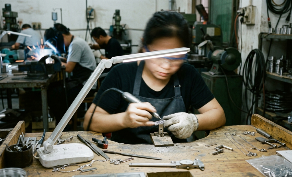 one worker is making custom engraved bar necklace