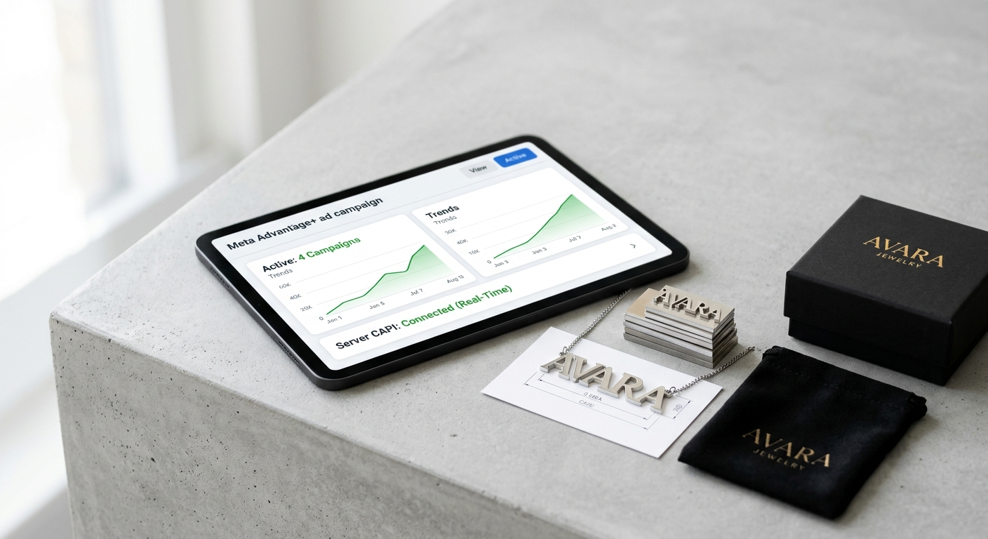 A minimalist premium flat lay featuring a digital tablet displaying an active Meta Advantage+ ad campaign dashboard with rising green analytical charts and "Server CAPI Connected" notification. On the gray concrete table lies a physical, high-end 316L stainless steel custom typography nameplate necklace spelling "AVARA" seamlessly linked together, resting on top of its technical blueprint paper, alongside branded matte black packaging and a luxury velvet pouch.