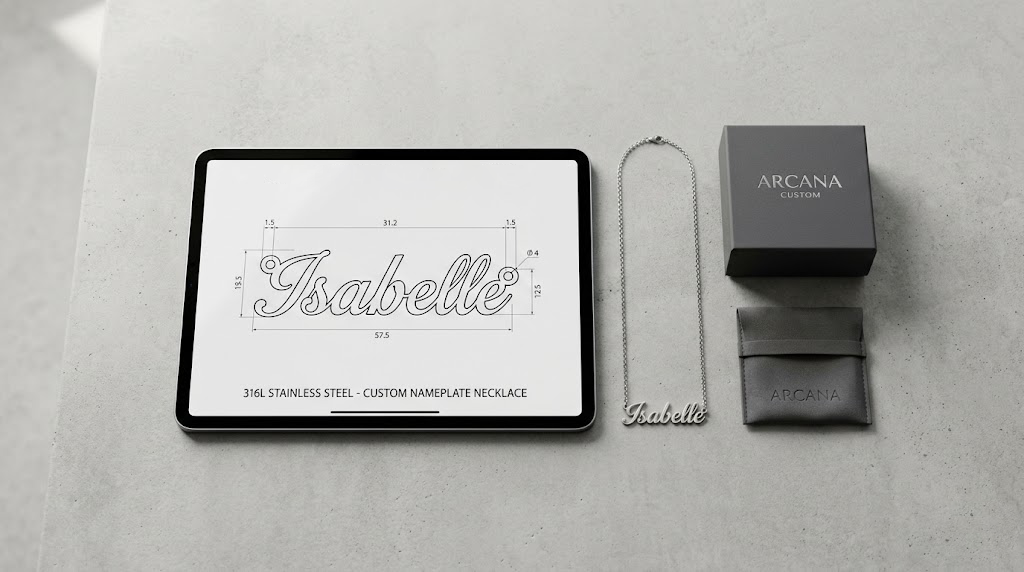 A modern, ultra-minimalist flat lay of personalized name necklaces and luxury microfiber branded packaging, illustrating a capital-efficient product strategy for growing jewelry brands.
