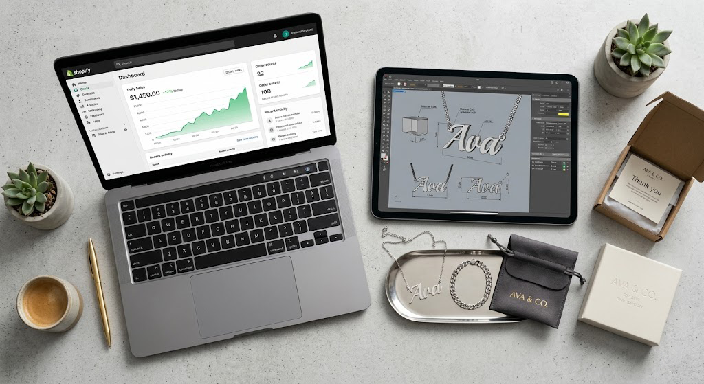 A modern workspace of a Shopify jewelry brand owner showing a clean sales dashboard and a custom nameplate necklace template, illustrating a lean manufacturing strategy for growing fashion labels.