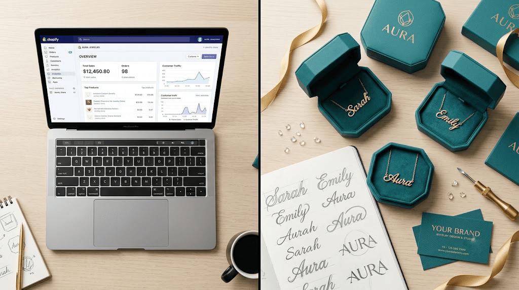 Top-down aesthetic workspace view showing a laptop displaying a Shopify dashboard store alongside beautiful custom-branded teal jewelry gift boxes containing gold cursive name necklaces, illustrating how to start a personalized jewelry business with low MOQ.